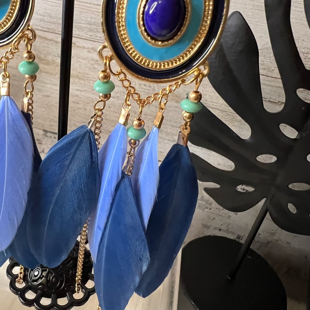 NWT shades of blue boho feather earrings. - Picture 6 of 6